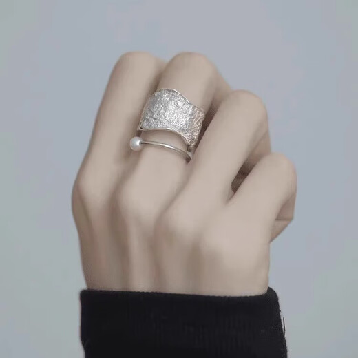 KZD Old Phoenix 999 sterling silver double-layer pearl ring women's niche design light luxury retro index finger ring cold wind finger double-layer pearl ring opening adjustable