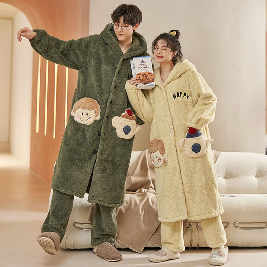 Fuxinkang coral velvet couple pajamas men's autumn and winter thickened and extended loose women's nightgown flannel bathrobe home clothes PY-6627 XL - women [height 165-170-weight 120-140]