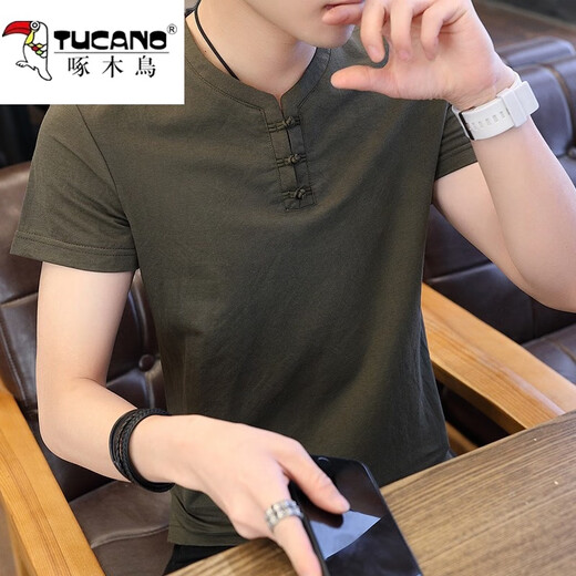 啄木鸟（TUCANO）短袖T恤男士夏季新款薄款中国风仿棉麻短袖男纯色半袖上衣服男装 9810墨绿色 XL