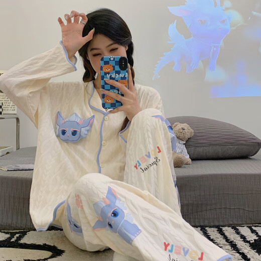 浪莎（LangSha）ins风网红新款睡衣女春秋季长袖长裤宽松开衫甜美卡通可爱家居服 9214 M 【建议80-100斤】