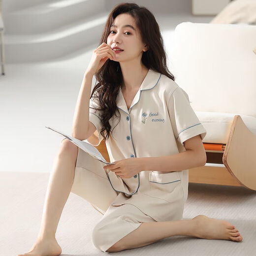 浪莎100%纯棉睡衣女夏季短袖七分裤可外穿宽松大码韩版休闲家居服套装 100%纯棉睡衣套装9892 M [建议体重:80-95斤]