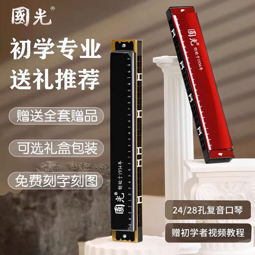 Guoguang Authentic Shanghai Deutsch importiert Gong Mundharmonica 24-Loch-Polyphonische Anfänger 28-lohle-Akzent Professionelle Leistung Klasse C Polyphonische 24/Hole Black + Selbststudiengeschenke Paket [Gedenkversion]
