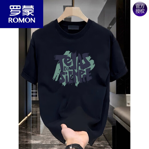 ROMON American style handsome pure cotton printed short-sleeved luxury T-shirt for men's summer fashion brand street loose round neck half-sleeved black [K854 TEJAS] S S Recommended 90-100Jin [Jin equals 0.5 kg]