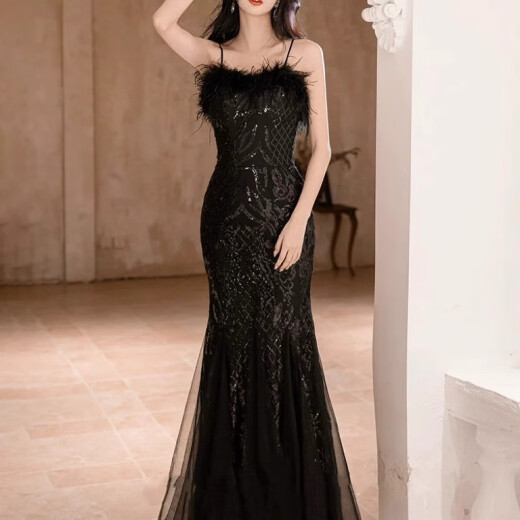 姿三彩艺考生时尚礼服闪片生日宴会主持人演出走秀渐变星光婚纱晚礼服 黑色 XS
