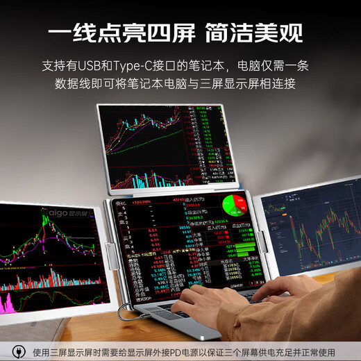 爱国者16英寸便携显示器拓展屏炒股专用办公电脑三屏外接显示器笔记本副屏Type-C一线通三屏款