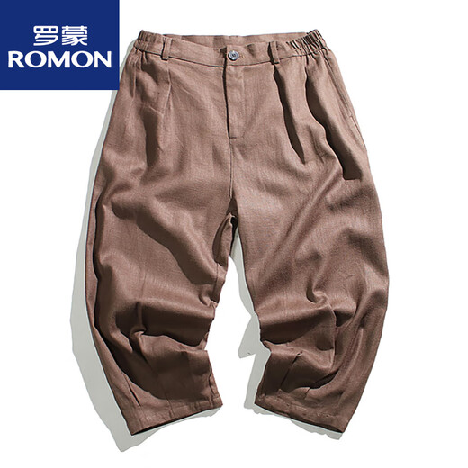 罗蒙（ROMON）春夏棉麻灯笼裤男中国风复古休闲宽松萝卜裤中式亚麻九分哈伦裤潮 咖啡色 M