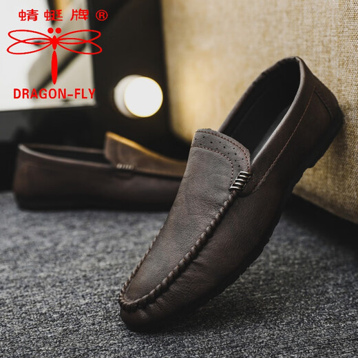 Dragonfly brand beanie shoes for men in spring breathable men's low-top casual leather shoes British trendy shoes men's driving shoes one-foot lazy shoes YL-D829 brown 39
