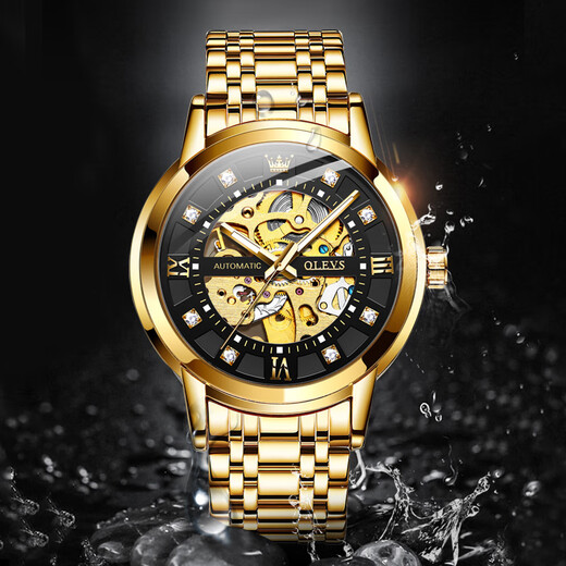 Olis Hollow Fashion Luminous wasserdichte Wachmarke Echt automatisch mechanische Uhr Vatertagsgeschenk für meinen Mann Steel Belt Full Schwarz