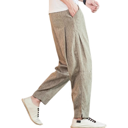 KAZUKI KURAISHI KURAISHI Trendy Chinese Style Linen Pants Men's Summer Thin Loose Sports Cotton Line Harun Casual Long Pants Gray XL