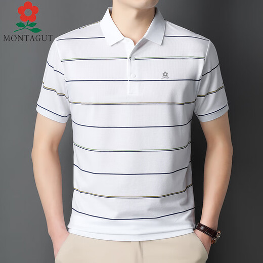 Mengtejiao Summer Mulberry Silk Camiseta de media manga de la media del traje de mediana edad de la solapa rayada Polo 723 Baolan M 165 [sugerido 100-115 Jin [Jin equivale a 0.5 kg]]]