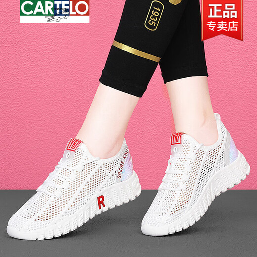 CARTELO Mesh Breathable Small White Shoes Summer Thin 2025 Mesh Women's Shoes White versatile Casual Sports Mesh Shoes JST 6193 White Red [Summer Model] 36