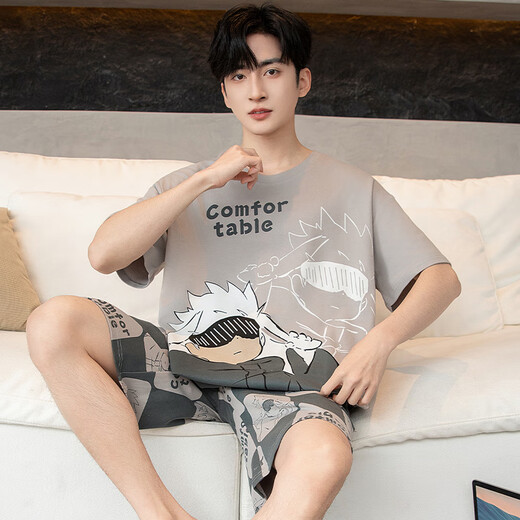 Jóvenes palabras de amor Pajamas Hombres de verano Algodón corto puro pantalones cortos de manga corta Cartoon estudiante de algodón completo de algodón delgada de verano Conjunto de ropa WB1504 XL 130-155Jin [Jin iguala 0.5 kg]