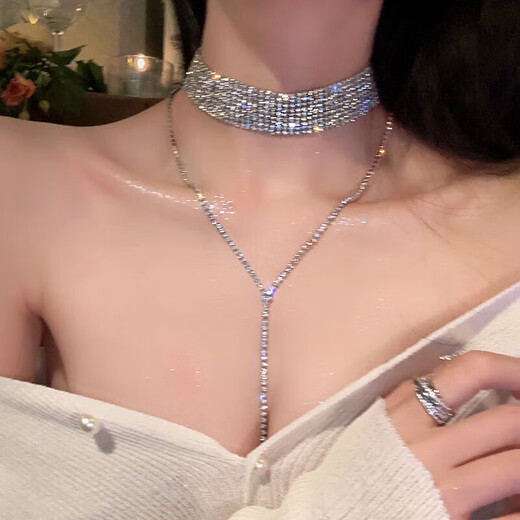 共赴晚宴_满钻超闪流苏项链女轻奢小众设计感胸链高级锁骨链颈链 粗款满钻流苏锁骨项链【1条装】