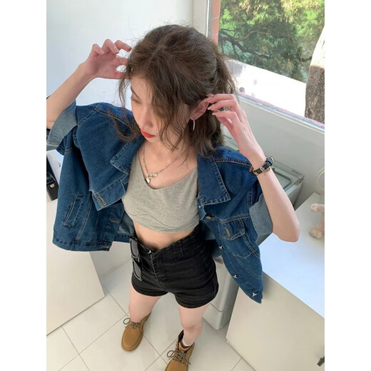 Yu Jin Hong Kong style denim short-sleeved shirt jacket for women 2025 summer new dark blue design loose mid-length top Blue #9435 S