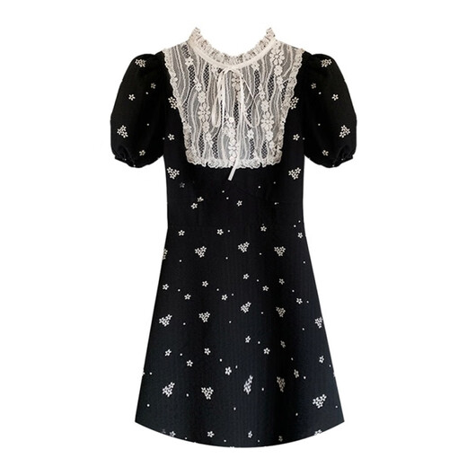Yunli [3891 colecciones] Gran tamaño MM de encaje MM empalmado Vestido floral negro francés para mujeres Xia Hepburn Black L Recomendado [100-120Jin [Jin equivale a 0.5 kg]]]
