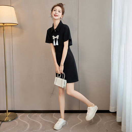 丝柏舍新中式连衣裙2025夏装新款女装翻领流苏盘扣收腰短裙