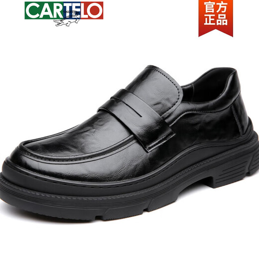 卡帝乐鳄鱼（CARTELO）无鞋带棕色男鞋春季款2025新款大头商务休闲皮鞋宗综色宽头乐福鞋 GX9923 黑色 38