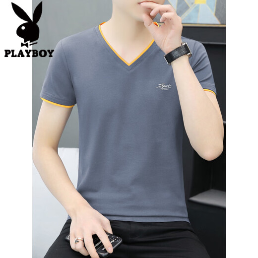 花花公子（PLAYBOY）纯棉V领男士短袖t恤2025夏季潮牌百搭修身冰丝半袖体恤上衣服男潮 黑色 QY691 M 100-115斤