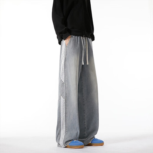 
Black box white American three-bar straight jeans men's spring and summer new loose trendy brand washing wide-leg pants casual trousers WKXS-K1047 black 3XL