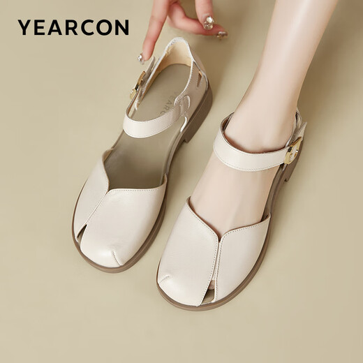 Zapatos de cuero yierkang zapatos de mujer versátiles versátiles de mujer Sandalias de correa de suela suave 28070W beige 36
