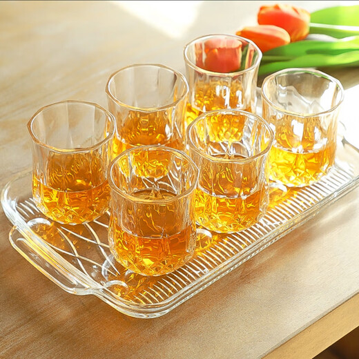 Langxu glass cup and plate set seven-piece set for new home, living room coffee table ornaments, thickened cups 6 pieces with tray, diamond style seven-piece set
