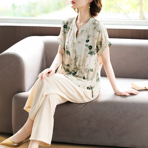 Giordano轻奢妈妈款洋气夏装短袖衬衫上衣中老年人女装夏季雪纺恤睡衣上装 tm-723绿色单上衣 10XL l建议85-100斤