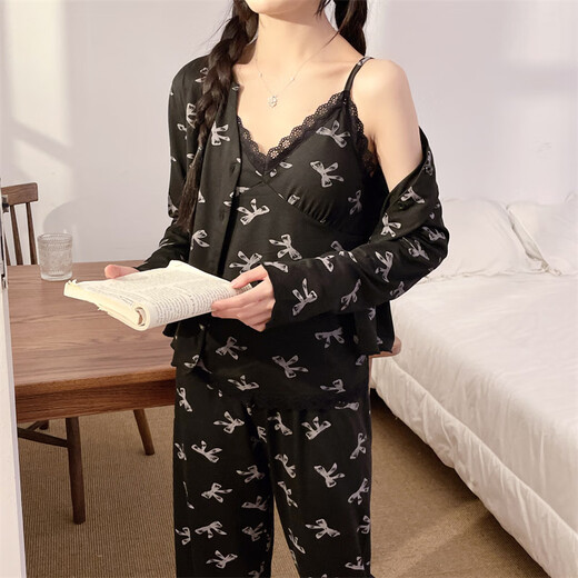 Buntes Edelstein Frühlings- und Herbstkoreaner Pyjamas Frauen-Drei-teiliger Set mit Brustpaddel, gepolstert Langarm-Hauskleidung My-r13803# schwarz (mit Brustpolster) 170 m