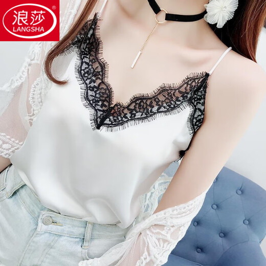 LangSha 2024 camisole women's outer wear summer eyelash lace V-neck chiffon loose bottoming shirt top 1921 black (imitation silk, adjustable shoulder straps) XL recommended 110-125Jin Jin equals 0.5 kg