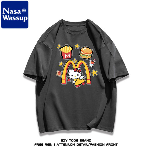 NasaWassup schwere Baumwolle amerikanische Modemarke Cartoon Hellokitty Kurzärmer T-Shirt Männer und Frauen Sommer lässige Mode Tops Ins 1416 Pommes Kelly Cat White S