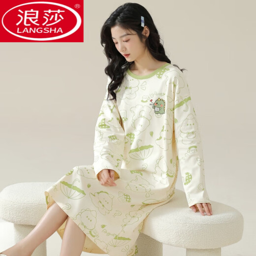 Camisón Langsha (Langsha) Camiseta para mujeres primavera y otoño 2025 Nuevo caricatura de algodón de algodón de algodón de algodón de algodón otoño lindo Dinosaur Dinosaur Falda larga W9764 2XL 125-140Jin [Jin equivale a 0.5 kg]