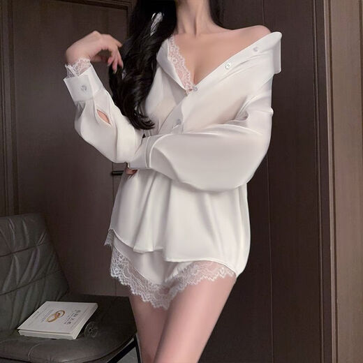 
Xianxiu Spring and Summer New Ice and Snow Silk Lace White Shirt Skirt Set Home Clothing 673# White 180 XL