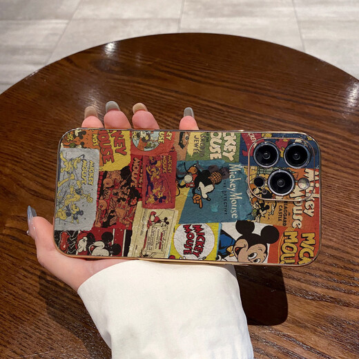 怡潮适用苹果15promax手机壳iphone16/11/12/13/14软壳复古搞怪海报电镀金边皮质高档全包创意防摔套 气质金边【卡通惊讶英文米奇3883】 iPhone 12