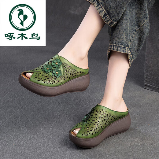 Specht echtes Leder im Sommer ethnischer Stil Schöne Blumensandalen mit echtem Leder-Retro-Stil modisch dicker Fischschuhe braun 35