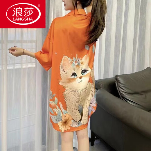 浪莎（LangSha）冰丝睡裙女夏季2024年新款网红风性感宽松大码衬衫睡衣可外穿 718托腮猫 L 【100-120斤】
