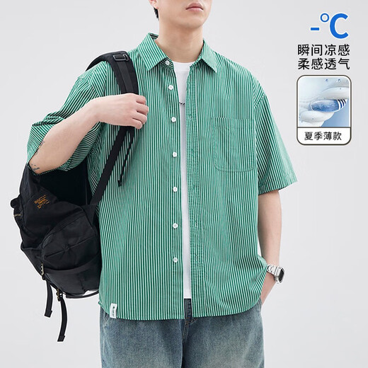 细条纹紫色美式短袖衬衫男夏季薄款2025新款小贴袋五分袖工装衬衣 蓝色 Z983 L 【120-140斤】