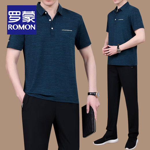 罗蒙（ROMON）爸爸夏装冰丝速干短袖t恤套装中老年父亲节休闲运动两件套POLO衫 963-豆绿【短裤套装】 2XL 【建议140-160斤】