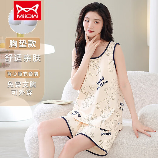 Catman (MiiOW) sleeveless pajamas with chest pads for women in summer new Korean style casual vest shorts dormitory home F-9859 [fixed chest pad] M Recommended 80Jin [Jin equals 0.5 kg]-100Jin [Jin equals 0.5 kg]