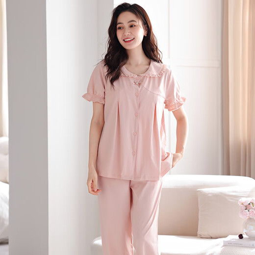 浪莎（langsha）2025新款睡衣女士夏季带胸垫一体纯棉短袖长裤家居服春秋薄款套装 LSF-694米白 M 160建议体重85-105斤