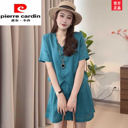 皮尔卡丹（pierre cardin）棉麻套装女夏季2025新款欧货休闲时尚时髦洋气宽松短袖短裤两件套 芥末绿 3XL 【建议140-160斤】