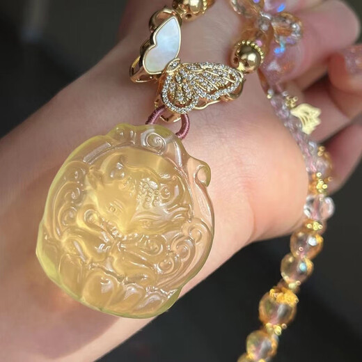 
Shenglan high-quality natural citrine nine-tailed fox general looking at the moon fox pendant sweater chain set women's gift collection 12604 hand-engraved