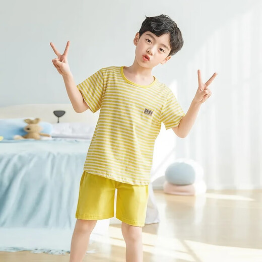 Disney Summer New Striped Kurzärmelig-Pyjama-Pyjamas dünne mittelgroße Kinderklimaanzug Summer Kinderheimkleidung Männer 826 Kurzärärmelte Fünf-Punkte-Hose grau gestreifte Kennzeichnung Drucken 120