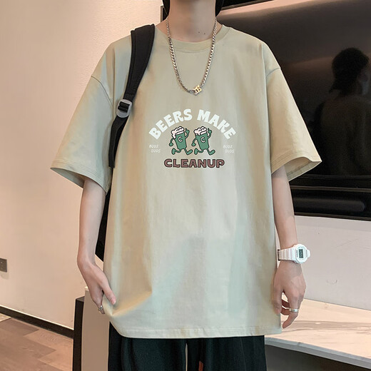 青少年短袖T恤男2025新款夏季纯棉宽松高中生大童初中生男生上衣 【2件装】672卡其+672绿色 S 80-100斤