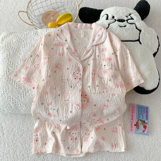 S.sofea Cloud Cotte Pajama для женщин Лето-розовый кошка мультфильм с короткими рукавами с тремя частями.