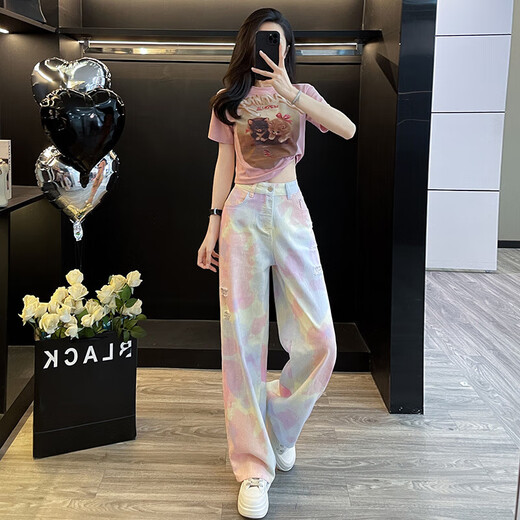 Kaizitu Ymeng Europäischer Modeanzug für Frauen im Sommer Neue modische altersreduzierende Kurzärmel-Kurzärmel-Top-Weitbein-Hosen zweiteiliger Set 7009A Pink Kurzärmelte + 7047B Jeans S S
