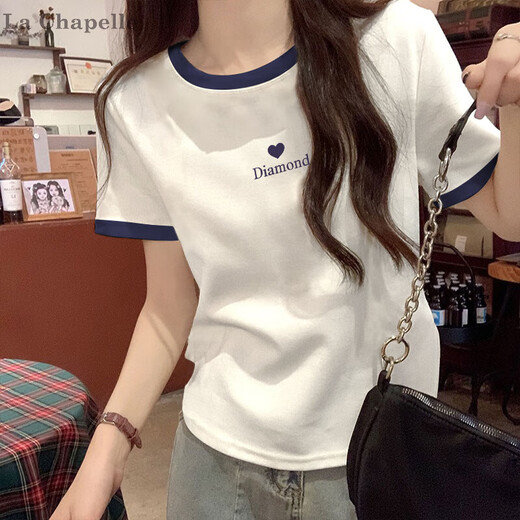 拉夏贝尔（LA CHAPELLE）纯棉正肩夏季2025年新款白色短袖t恤女宽松显瘦减龄百搭撞色上衣 KC693蓝领 L
