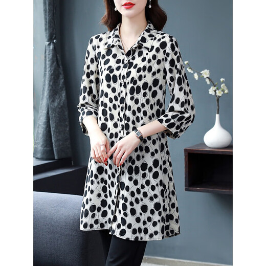 
GIOIO chiffon mid-length shirt women's 7-quarter sleeve top summer fashionable loose large size middle-aged mother wear sunscreen 683-Black and white dot shirt 5XL Recommended 175-190Jin [Jin equals 0.5 kg]