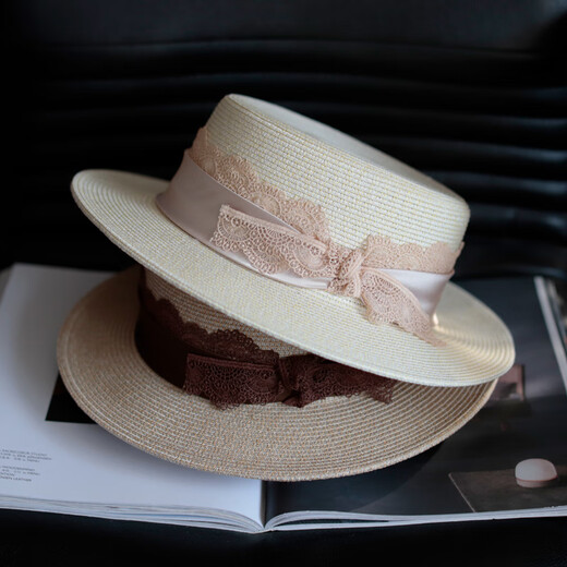 枥野草帽女春夏新款法式平顶帽法式蕾丝花边小平沿遮阳防晒太阳帽 米色 M(56-58cm)可调节