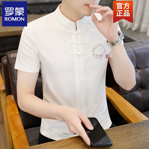 ROMON ice silk T-shirt men's short-sleeved 2025 new men's Chinese style V-neck half-sleeved summer thin Chinese plate button T-shirt E9871 white (ice silk slip material) L