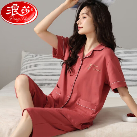 浪莎纯棉睡衣女士2025夏季短袖七分裤中青年款大码开衫套装薄款家居服 n9896短袖七分裤开衫 M (80-100斤)