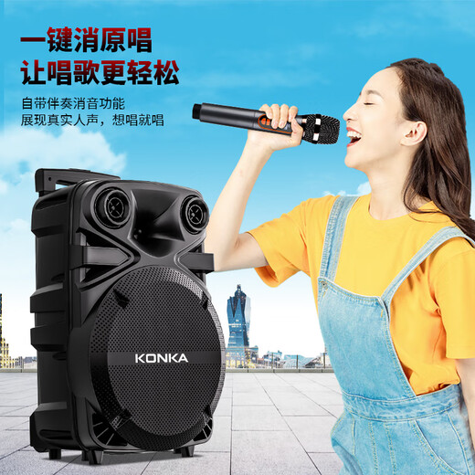 Konka Square Dance Audio Performance Singing K Song Street Stall Outdoor Mobile Trolley Speaker Subwoofer Home Portable Bluetooth High Power High Volume Three-band Wireless Microphone 12-inch Subwoofer Version + 2 Microphones